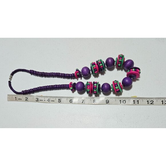 Handcrafted Wooden Beaded Necklace Purple Pink Colorful Accents Fashion Jewelry - Picture 4 of 5